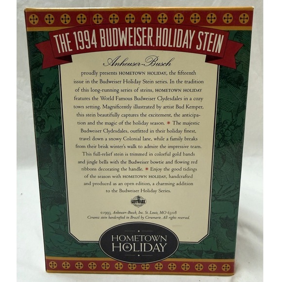Vintage 1994 Budweiser Holiday Beer Stein Hometown Holiday With Box & COA - Picture 3 of 13